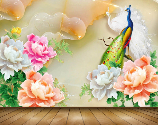 Avikalp MWZ0130 Peacocks White Pink Orange Flowers 3D HD Wallpaper