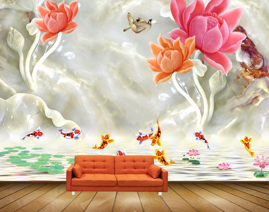 Avikalp MWZ0131 Pink Orange Flowers Fishes Birds HD Wallpaper