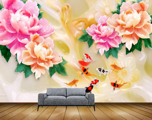 Avikalp MWZ0132 Pink Orange Flowers Fishes HD Wallpaper