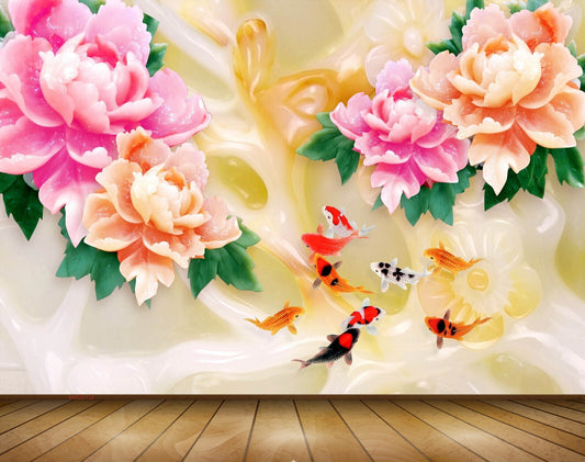 Avikalp MWZ0132 Pink Orange Flowers Fishes 3D HD Wallpaper