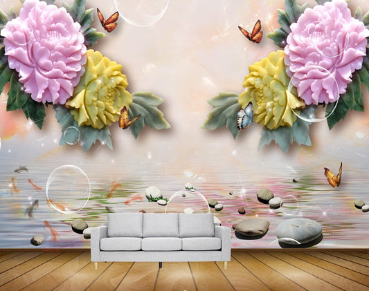 Avikalp MWZ0133 Pink Yellow Flowers Fishes Birds Stones HD Wallpaper