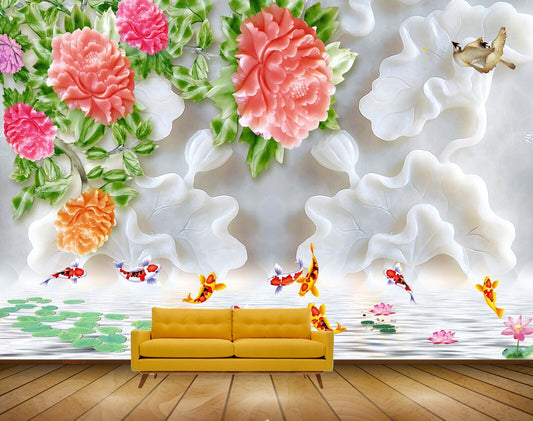 Avikalp MWZ0134 Pink Orange Purple Flowers Fishes Birds HD Wallpaper