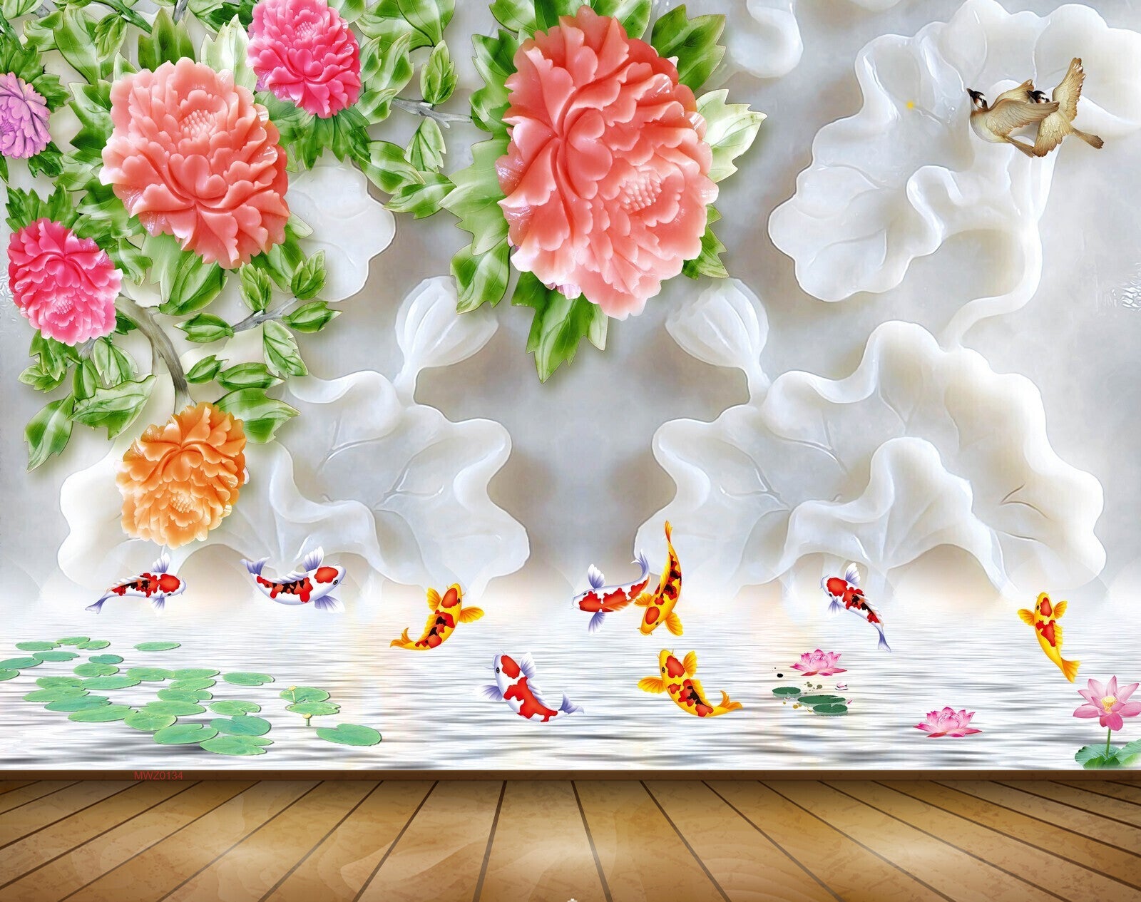 Avikalp MWZ0134 Pink Orange Purple Flowers Fishes Birds 3D HD Wallpaper Avikalp MWZ0134 Pink Orange Purple Flowers Fishes Birds 3D HD Wallpaper