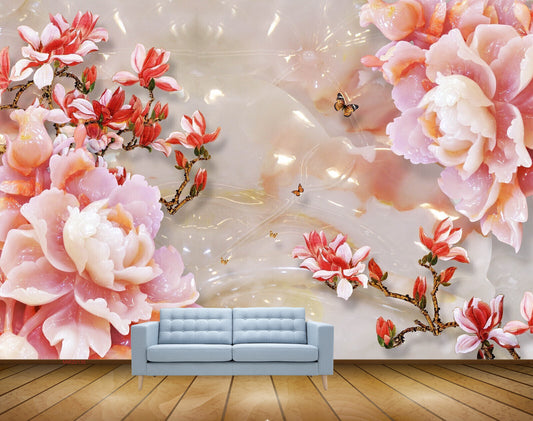 Avikalp MWZ0136 White Red Flowers Butterflies HD Wallpaper