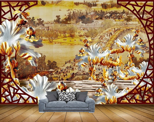 Avikalp MWZ0138 White Golden Plants Houses HD Wallpaper