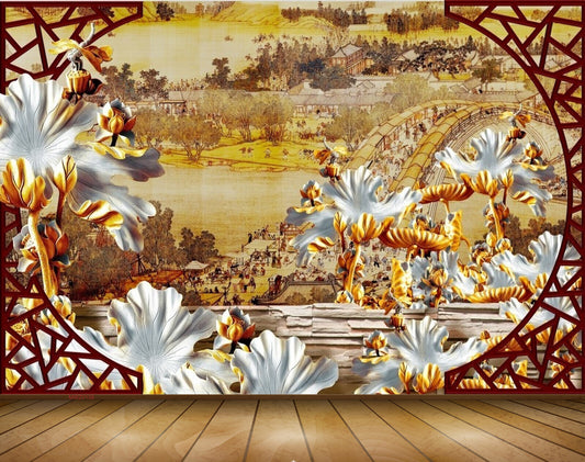 Avikalp MWZ0138 White Golden Plants Houses 3D HD Wallpaper