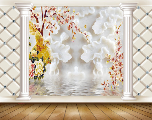 Avikalp MWZ0163 White Pink Flowers Yellow Bird 3D HD Wallpaper