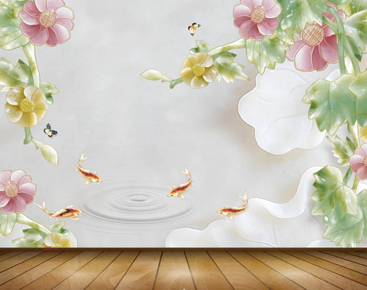 Avikalp MWZ0165 Pink Yellow Flowers Fishes Leaves 3D HD Wallpaper