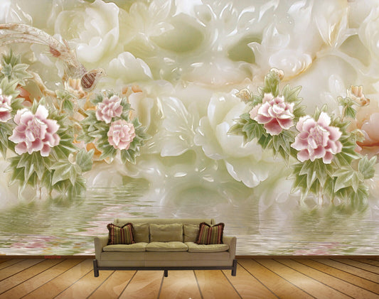 Avikalp MWZ0166 Pink White Flowers Bird Plants HD Wallpaper