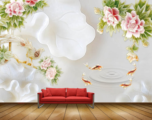 Avikalp MWZ0167 Pink White FLowers Fishes Bird HD Wallpaper