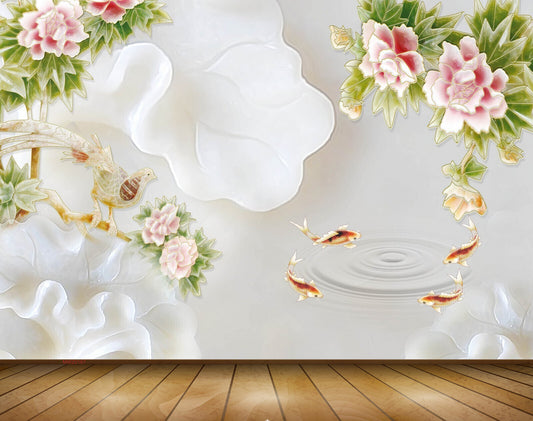 Avikalp MWZ0167 Pink White FLowers Fishes Bird 3D HD Wallpaper