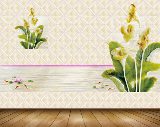 Avikalp MWZ0168 Mustard Flowers Plants Fishes Pink Lotus 3D HD Wallpaper