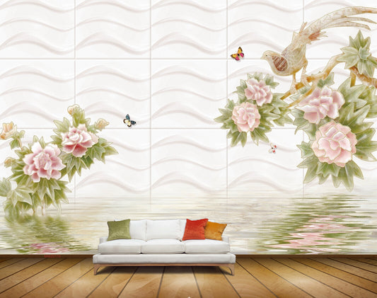 Avikalp MWZ0170 Pink Flowers Butterflies Bird HD Wallpaper