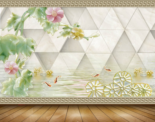 Avikalp MWZ0171 Pink Yellow Flowers Fishes 3D HD Wallpaper