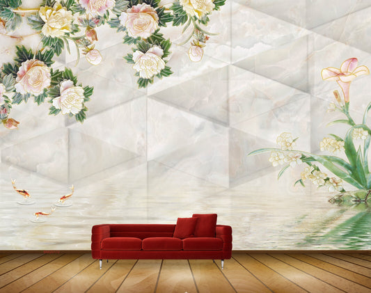 Avikalp MWZ0172 White Flowers Fishes Plants HD Wallpaper