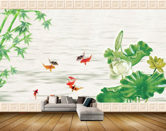 Avikalp MWZ0174 White Lotus Flower Fishes Plants HD Wallpaper