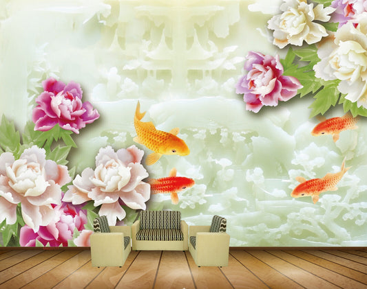 Avikalp MWZ0177 Pink White Flowers Fishes Plants HD Wallpaper