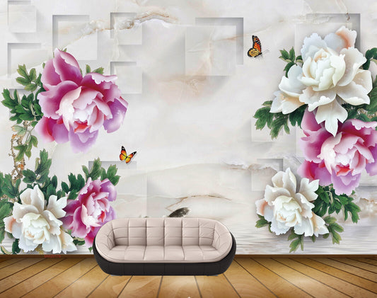 Avikalp MWZ0179 White Pink Flowers Butterflies Fishes HD Wallpaper
