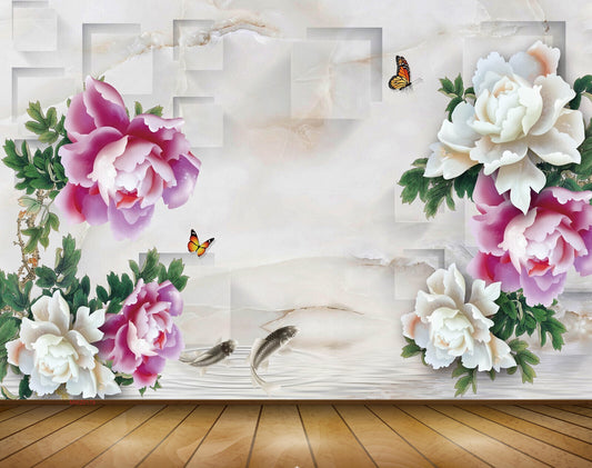 Avikalp MWZ0179 White Pink Flowers Butterflies Fishes 3D HD Wallpaper