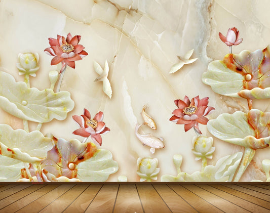 Avikalp MWZ0180 White Pink Flowers Birds 3D HD Wallpaper