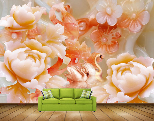 Avikalp MWZ0181 White Red Flowers Swans HD Wallpaper