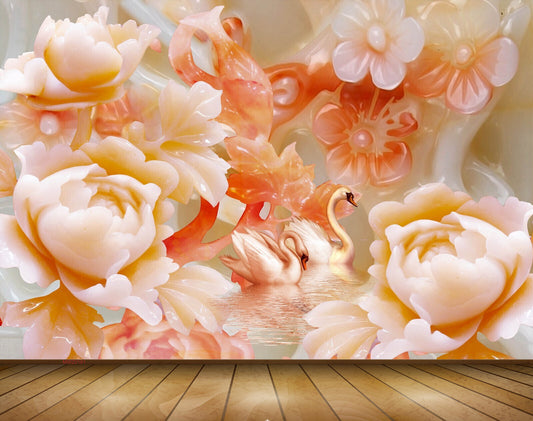 Avikalp MWZ0181 White Red Flowers Swans 3D HD Wallpaper