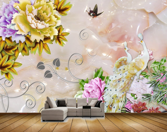 Avikalp MWZ0189 Peacocks Butterflies Flowers Plants HD Wallpaper