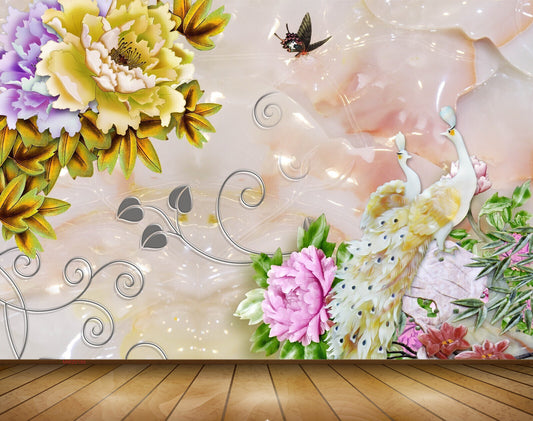 Avikalp MWZ0189 Peacocks Butterflies Flowers Plants 3D HD Wallpaper