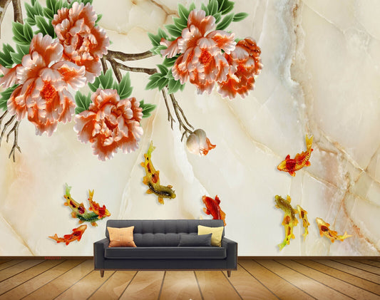 Avikalp MWZ0191 White Red Flowers Branches Fishes HD Wallpaper