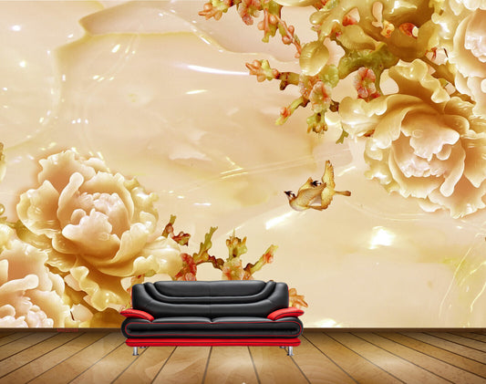 Avikalp MWZ0193 White Orange Flowers Birds HD Wallpaper
