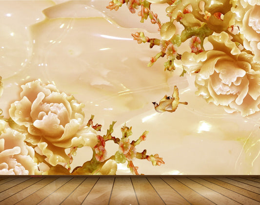 Avikalp MWZ0193 White Orange Flowers Birds 3D HD Wallpaper