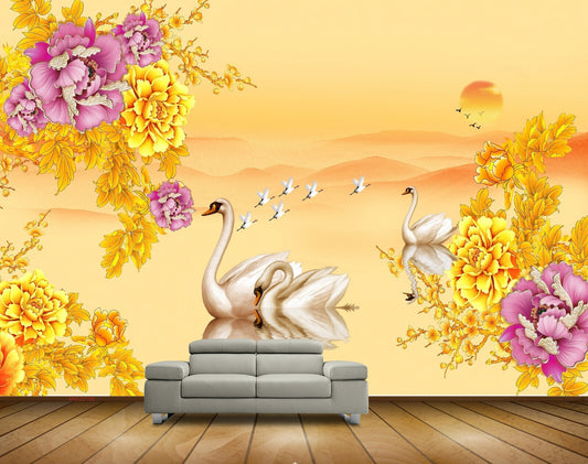 Avikalp MWZ0195 Orange Pink Flowers Swans Birds HD Wallpaper