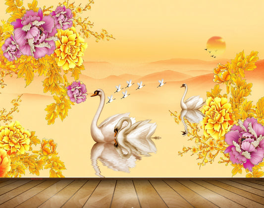 Avikalp MWZ0195 Orange Pink Flowers Swans Birds 3D HD Wallpaper