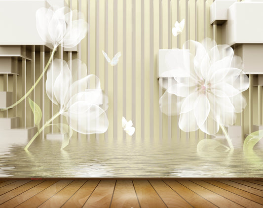 Avikalp MWZ0197 White Flowers Butterflies 3D HD Wallpaper