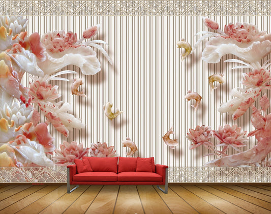 Avikalp MWZ0199 White Pink Flowers Fishes HD Wallpaper