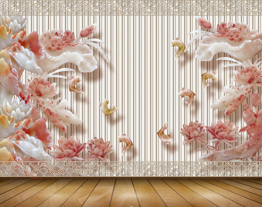 Avikalp MWZ0199 White Pink Flowers Fishes 3D HD Wallpaper