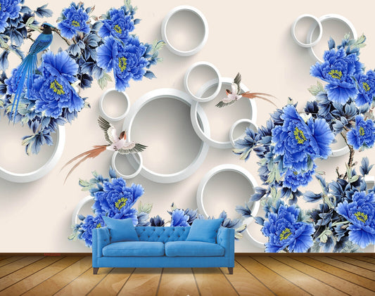 Avikalp MWZ0200 Blue Flowers Birds Branches HD Wallpaper