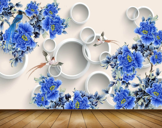 Avikalp MWZ0200 Blue Flowers Birds Branches 3D HD Wallpaper