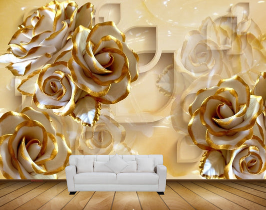 Avikalp MWZ0202 White Gold Flowers HD Wallpaper