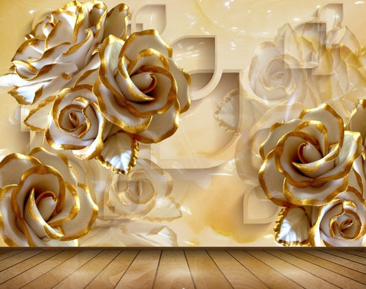 Avikalp MWZ0202 White Gold Flowers 3D HD Wallpaper