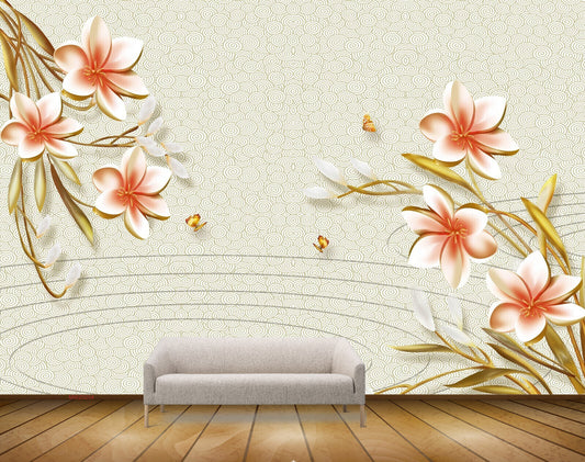 Avikalp MWZ0204 White Red Flowers Butterflies HD Wallpaper