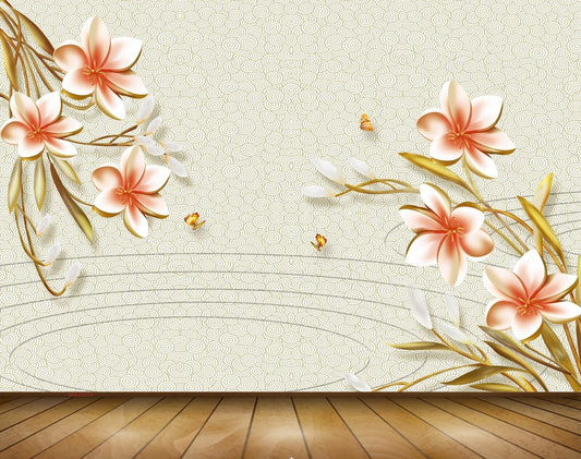 Avikalp MWZ0204 White Red Flowers Butterflies 3D HD Wallpaper