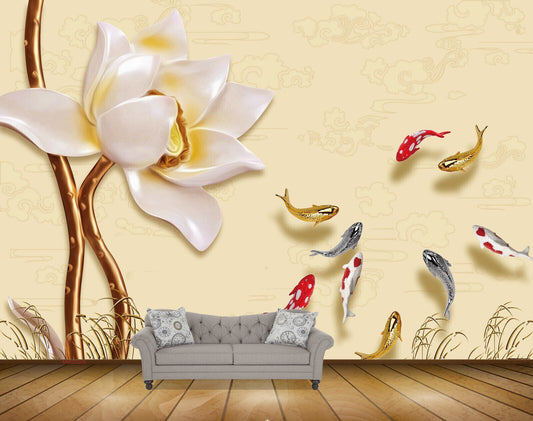 Avikalp MWZ0205 White Flower Fishes HD Wallpaper