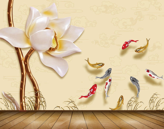 Avikalp MWZ0205 White Flower Fishes 3D HD Wallpaper