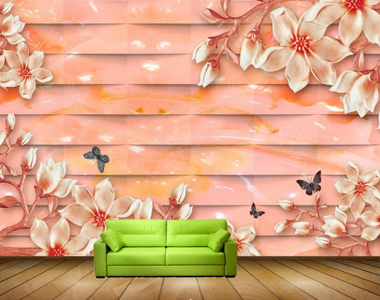 Avikalp MWZ0210 White Pink Flowers Butterflies HD Wallpaper