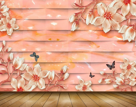 Avikalp MWZ0210 White Pink Flowers Butterflies 3D HD Wallpaper