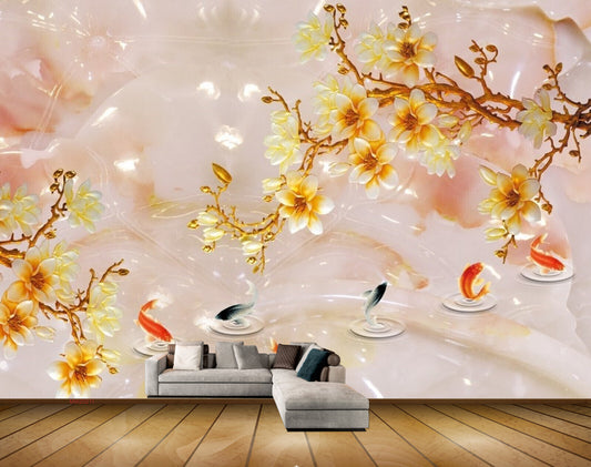 Avikalp MWZ0211 White Yellow Flowers Fishes Branches HD Wallpaper