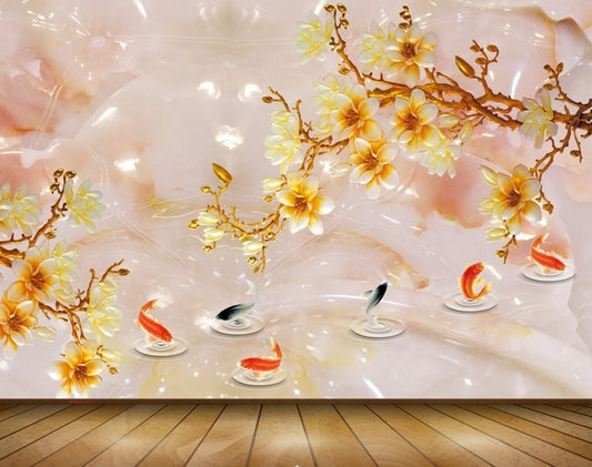 Avikalp MWZ0211 White Yellow Flowers Fishes Branches 3D HD Wallpaper