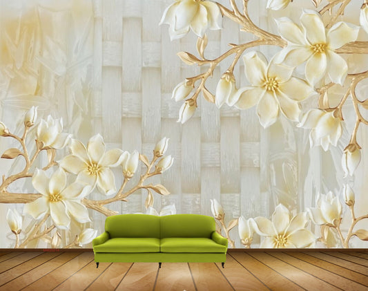 Avikalp MWZ0214 White Golden Flowers HD Wallpaper