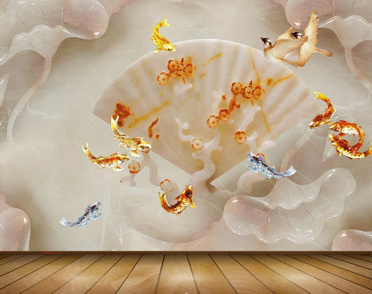 Avikalp MWZ0216 White Flowers Fishes Birds 3D HD Wallpaper